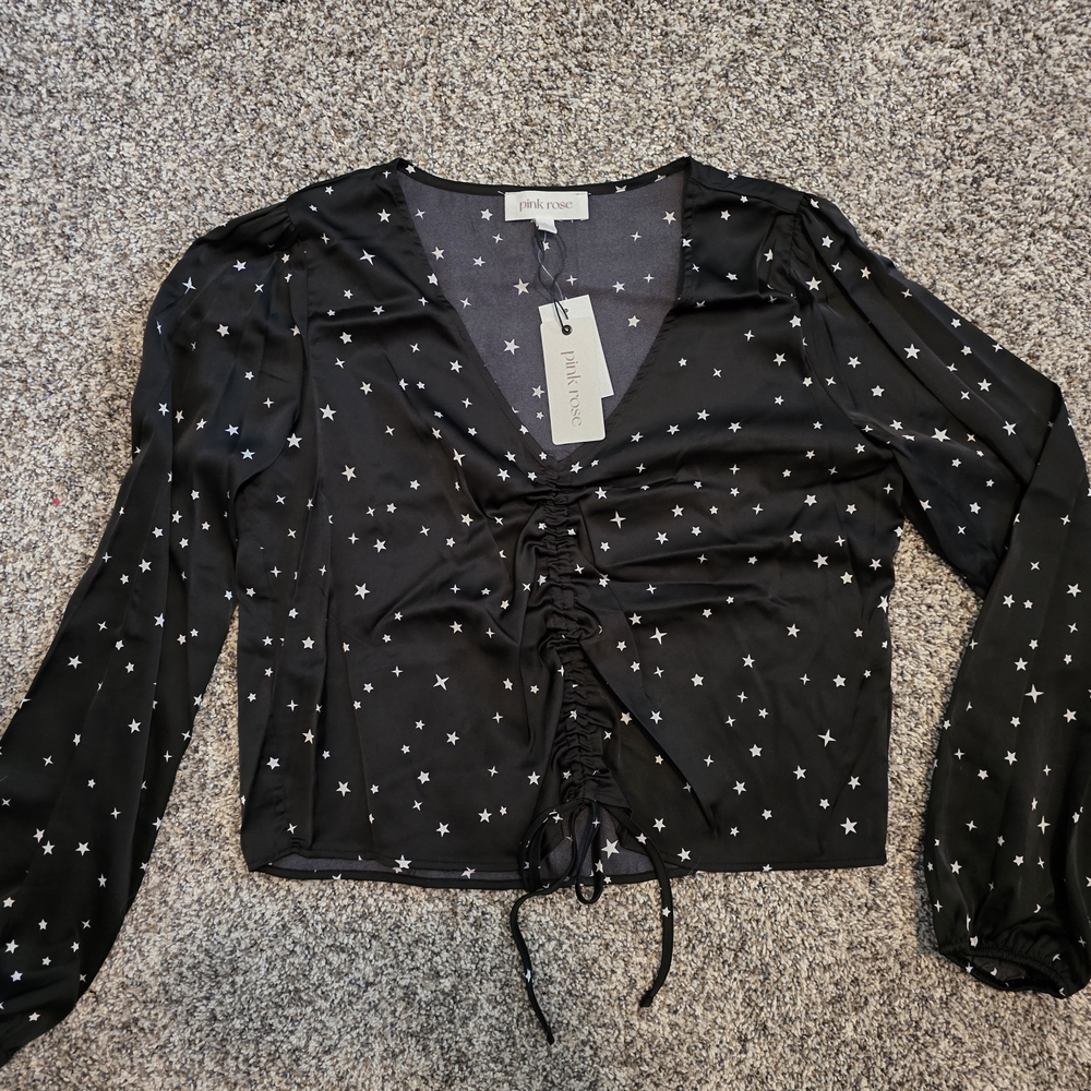 Pink Rose Black Star Print Blouse